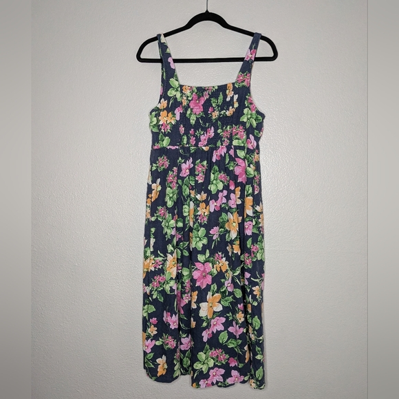 Old Navy Womens Blue Linen Blend Cottagecore Floral Midi Fit & Flare Dress LP - Picture 5 of 9